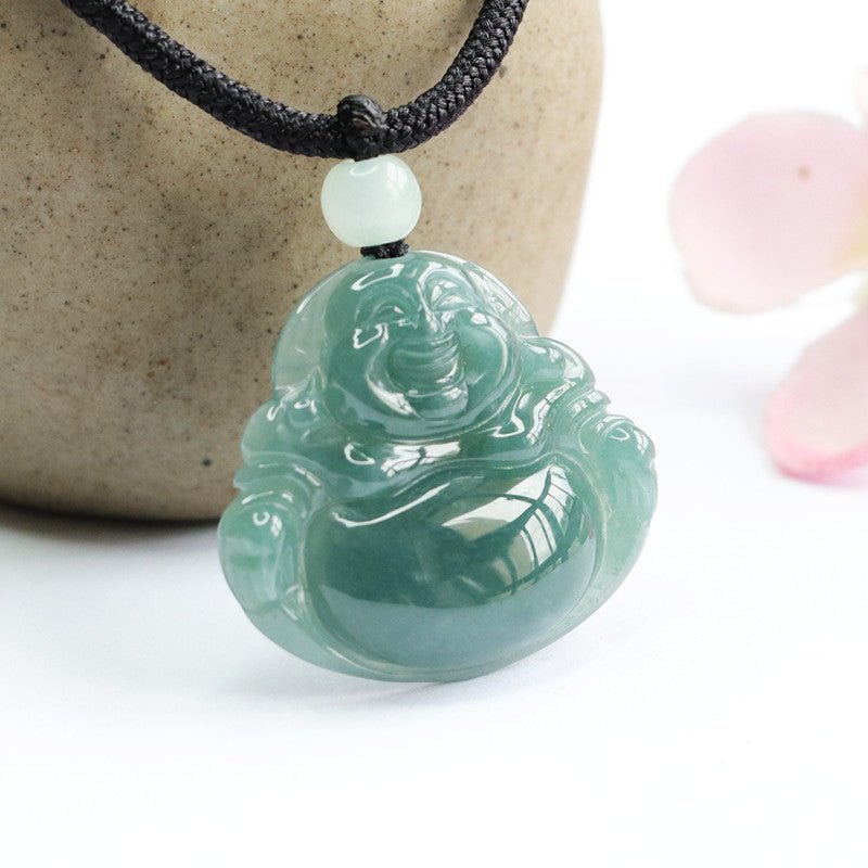 Laughing Buddha Jade Pendant - Rudraksha Mala Jewelry