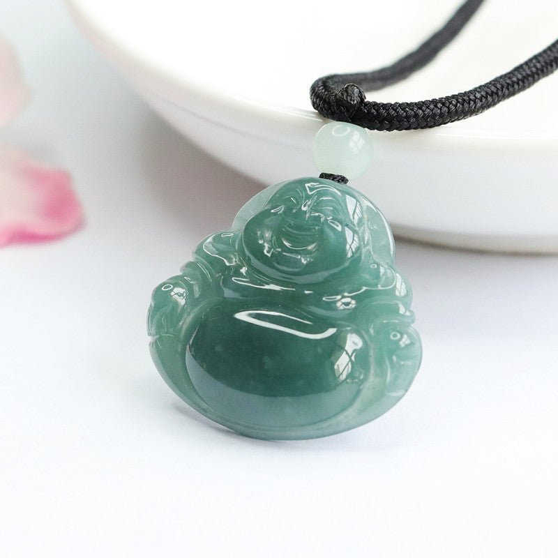 Laughing Buddha Jade Pendant - Rudraksha Mala Jewelry