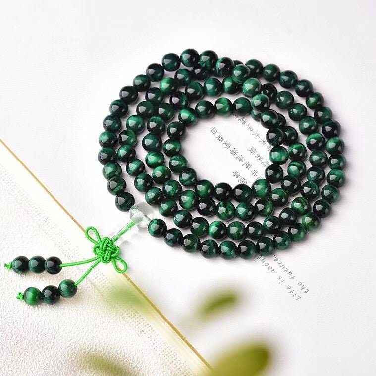 Natural Green Tiger Eye Mala Beads - Rudraksha Mala Jewelry